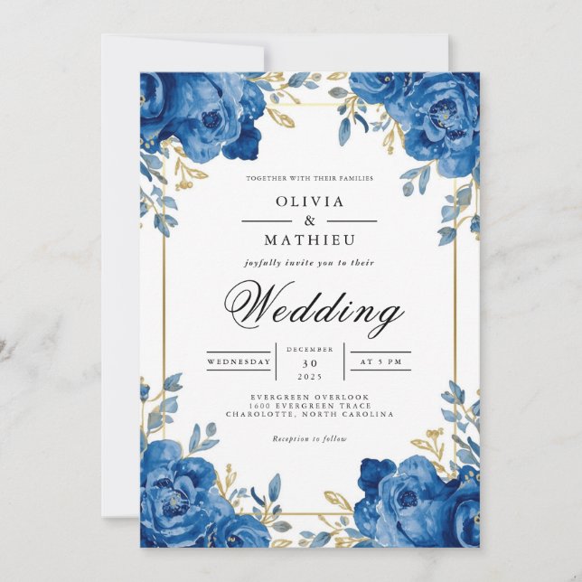 Vivid Sapphire Floral Arch Wedding Invitation (Front)