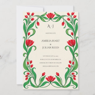 Vivid Scarlet Emerald Art Nouveau Save The Date