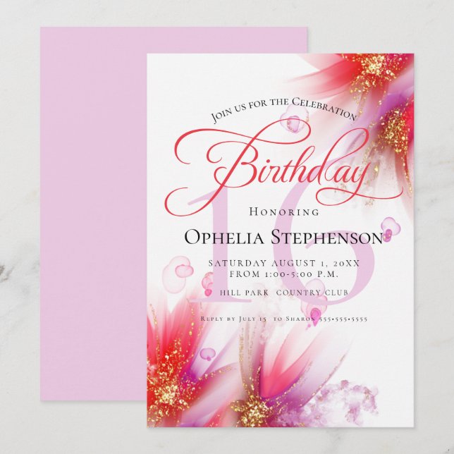 Vivid Scarlet Lilac  Abstract Floral Birthday Invitation (Front/Back)