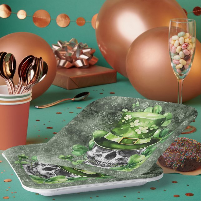 Vivid Skull with Green Hat Illustration Paper Plates (Multi)
