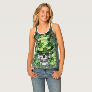 Vivid Skull with Green Hat Illustration Tank Top