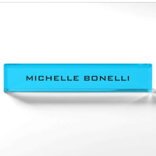 Vivid Sky Blue Minimalist Plain Legible Modern Desk Name Plate