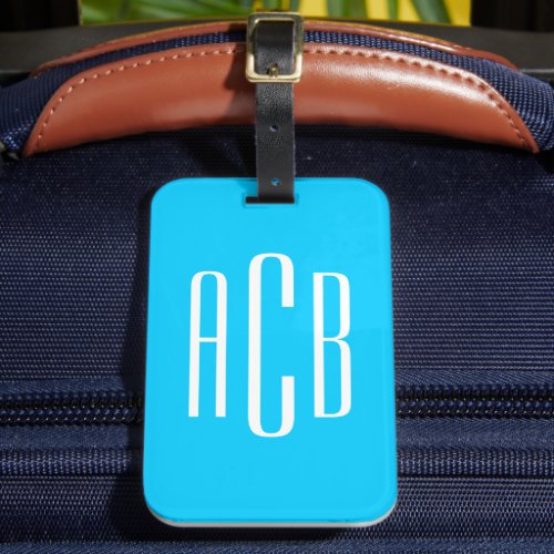 Vivid Sky Blue Vertical Three Letter Monogram Luggage Tag