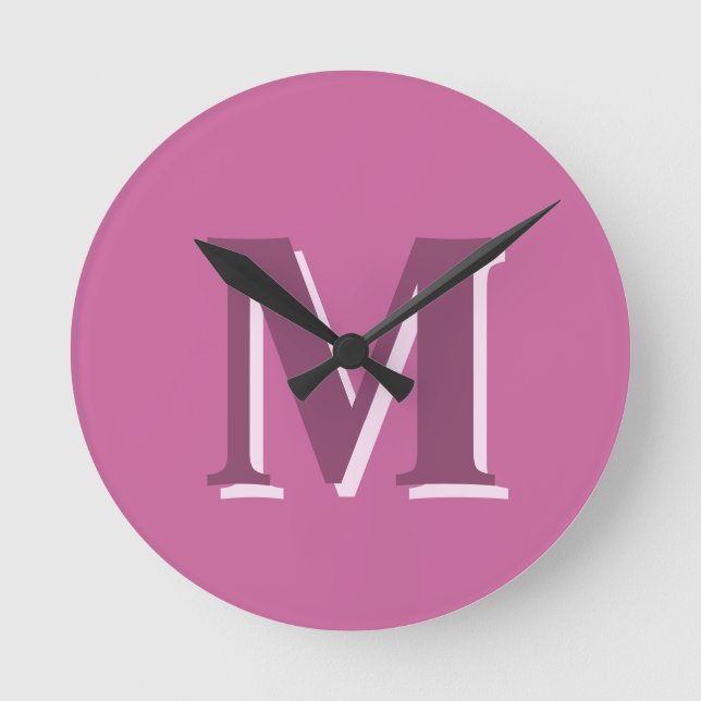 vivid solid pink monogram, round clock (Front)