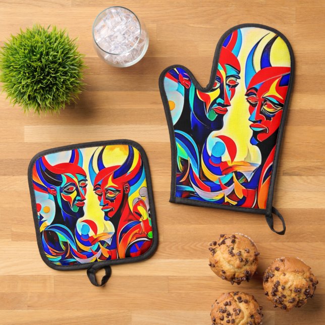 Vivid Spirit Pair Design Oven Mitt & Pot Holder Set (Top Down)