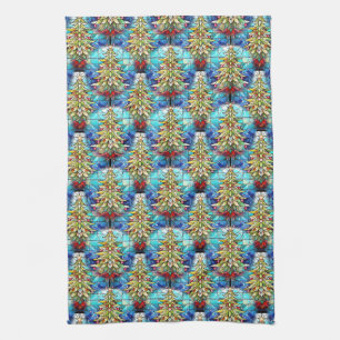 Vivid Stained Glass Christmas Tree Pattern Kitchen Towel