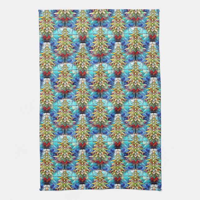 Vivid Stained Glass Christmas Tree Pattern Kitchen Towel (Vertical)