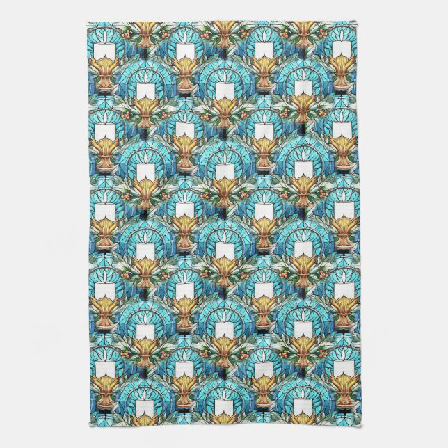 Vivid Stained Glass Holly And Candle Pattern Kitchen Towel (Vertical)