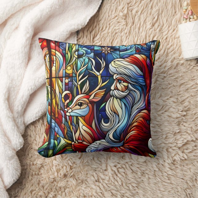 Vivid stained glass of Santa and reindeer Throw Pillow (Blanket)
