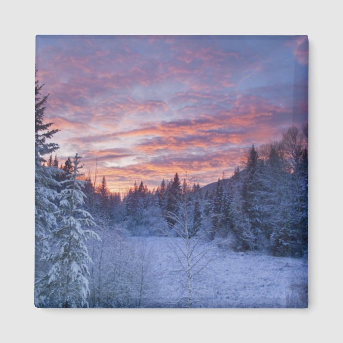 Vivid sunset paints the sky above wintery refrigerator magnet