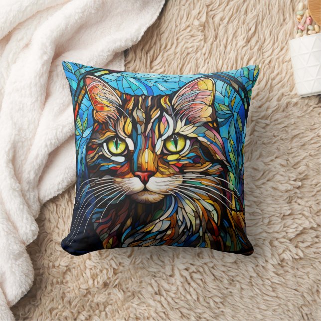 Vivid Tabby Cat Stained Glass Style Throw Pillow (Blanket)