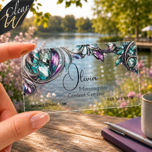 Vivid Teal and Purple Stylized Stained Glass Clear Business Cards
