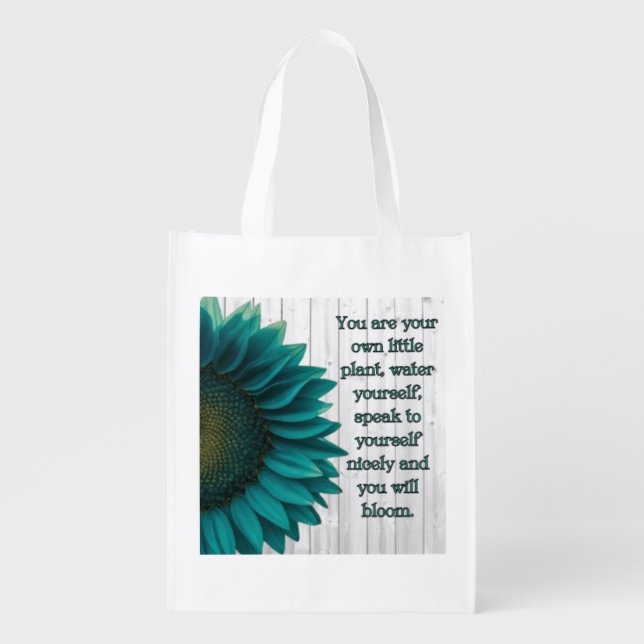 Vivid Teal Sunflower Rustic Grocery Bag (Front)