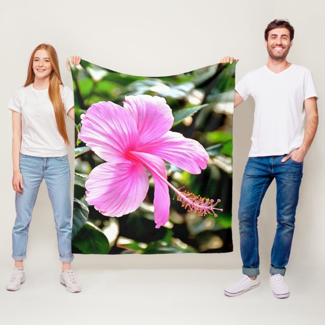 Vivid Tropical Pink Hibiscus Fleece Blanket (In Situ)
