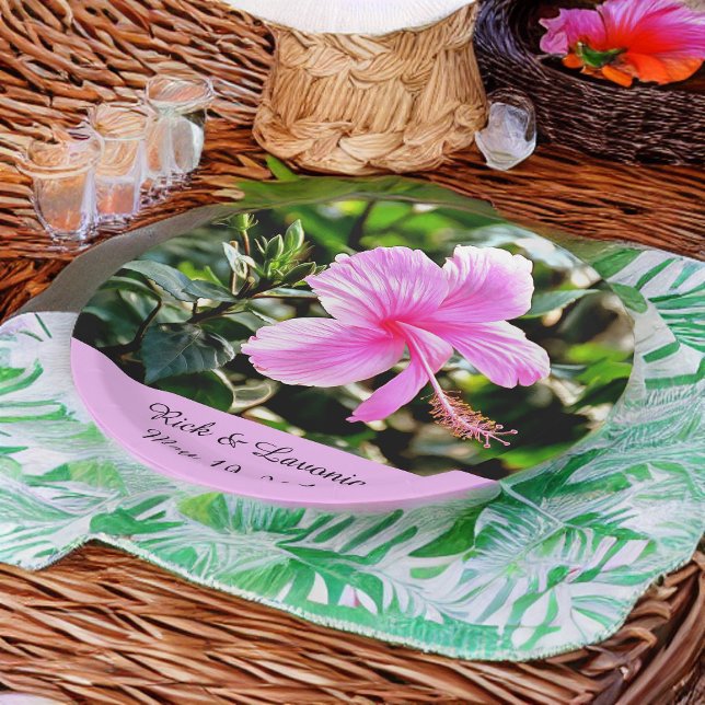 Vivid Tropical Pink Hibiscus Personalized Paper Plates (Creator Uploaded)