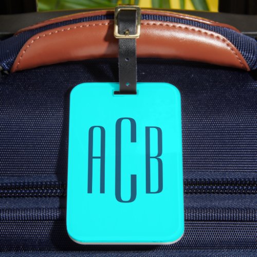 Vivid Turquoise Blue Vertical 3 Letter Monogram Luggage Tag