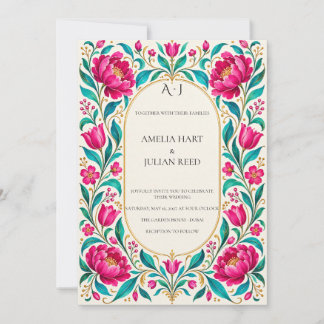 Vivid Turquoise Fuchsia Botanical Invitation