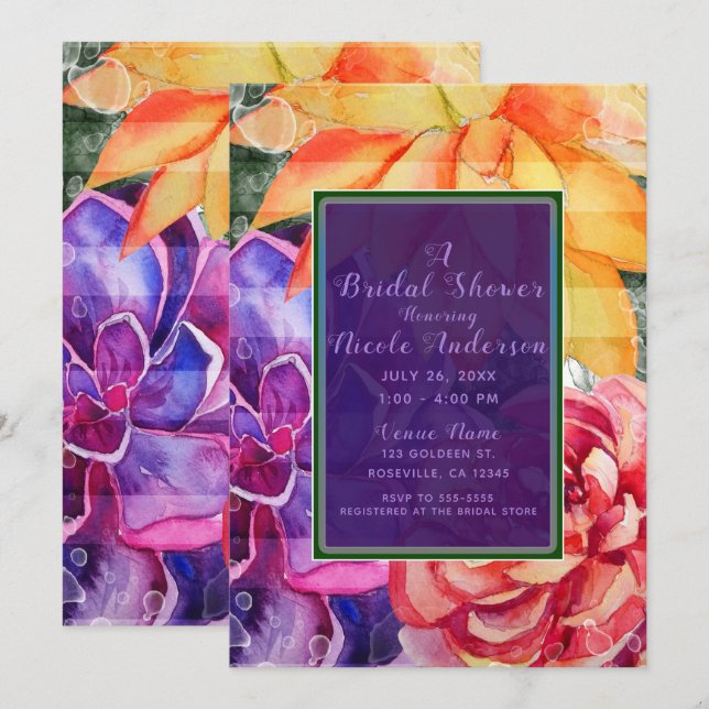 Vivid Vibrant Colorful Succulent Bridal Shower Invitation (Front/Back)