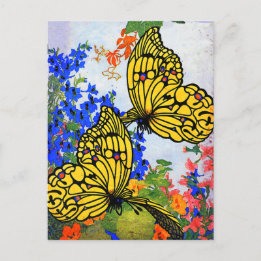 Vivid Vintage 1920 Butterflies and Garden Flowers Postcard