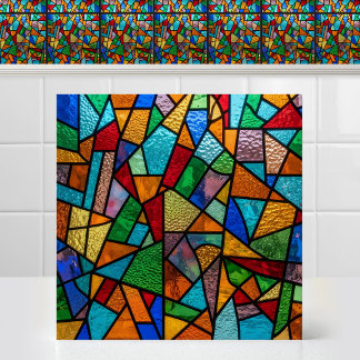Vivid Vintage Abstract Block Stained Glass Pattern Ceramic Tile