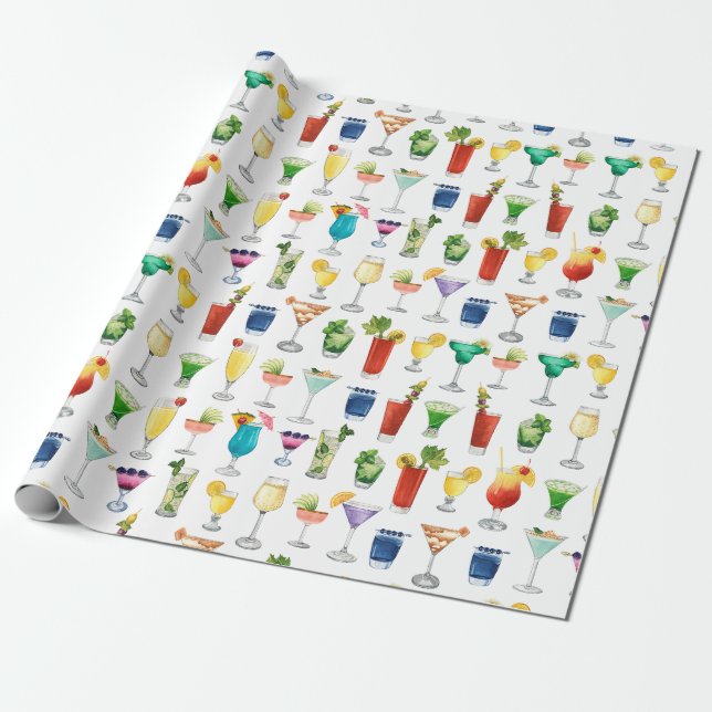 Vivid Watercolor Cocktail Pattern Tote Bag Wrapping Paper (Unrolled)