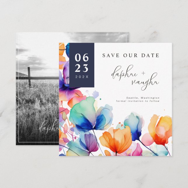 Vivid Watercolor Flowers & Photo Save The Date (Front/Back)