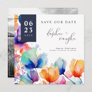 Vivid Watercolor Flowers & Photo Save The Date