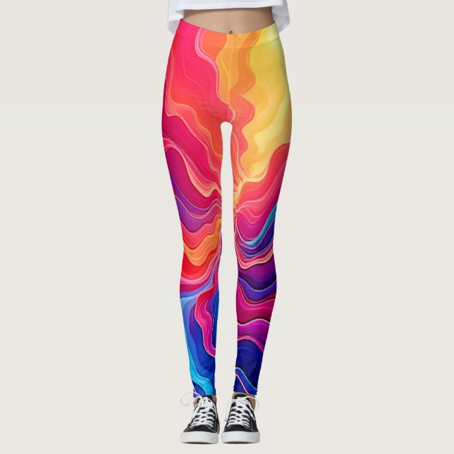 Vivid Waves: Abstract Neon Energy Flow Art Leggings (Front)