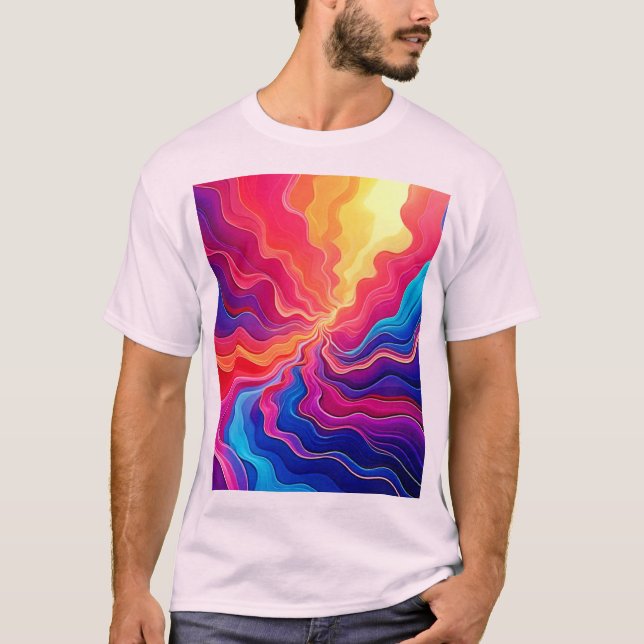 Vivid Waves: Abstract Neon Energy Flow Art T-Shirt (Front)