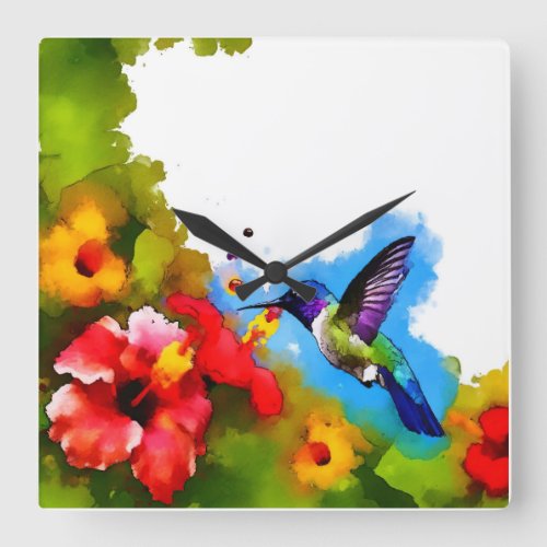 Vivid Whirl of Hummingbirds _ Watercolor Square Wall Clock