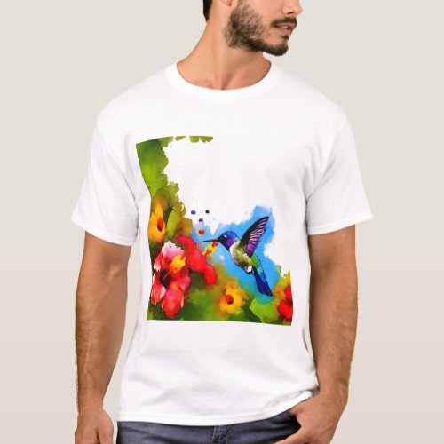 Vivid Whirl of Hummingbirds _ Watercolor T_Shirt
