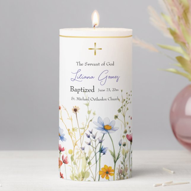 Vivid Wildflowers Orthodox Christian Baptism Pillar Candle (In Situ)