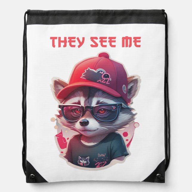 Vivid Winking Racoon With Glasses Drawstring Bag (Front)