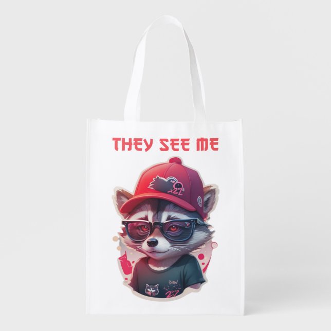Vivid Winking Racoon With Glasses Grocery Bag (Front)