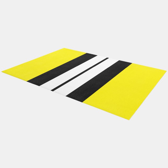 Vivid Yellow Black White Vertical Racing Stripes Outdoor Rug (Angled)