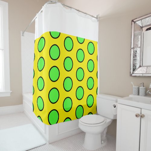 Vivid Yellow Tiled Lime Green Circles White Stripe Shower Curtain