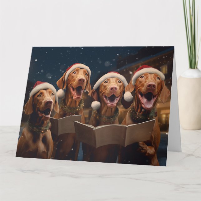 Vizsla Christmas Carolers Fun Holiday Card (Front)