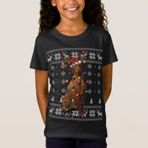 Vizsla Christmas Light Reindeer Dog Santa Hat Ugly T_Shirt