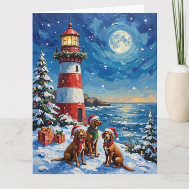 Vizsla Christmas Lighthouse Holiday Card (Front)