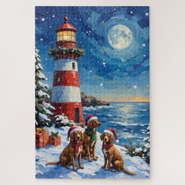 Vizsla Christmas Lighthouse Holiday Jigsaw Puzzle (Vertical)