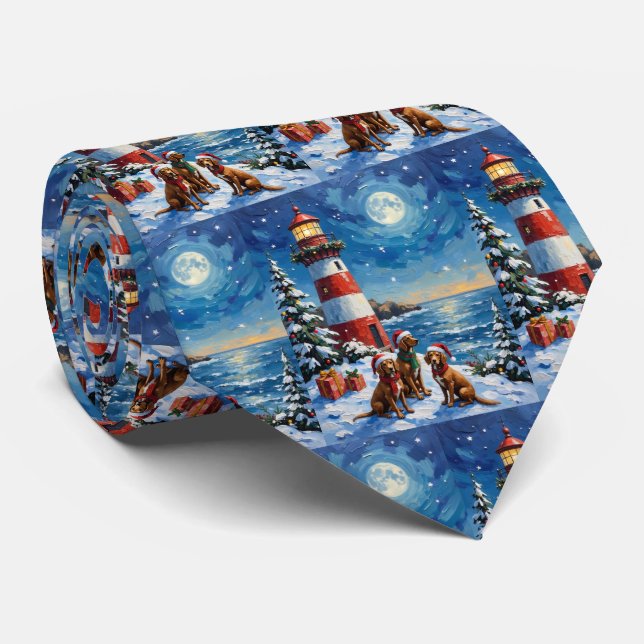 Vizsla Christmas Lighthouse Holiday Neck Tie (Rolled)
