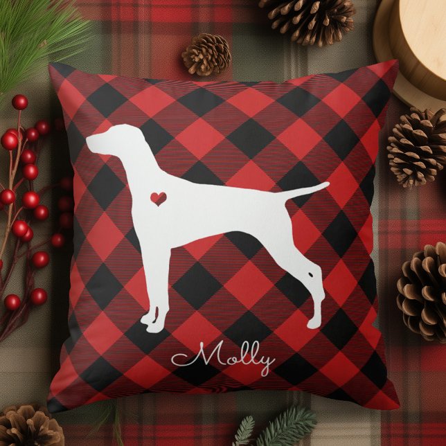 Vizsla Christmas Plaid Dog Name Throw Pillow (Creator Uploaded)