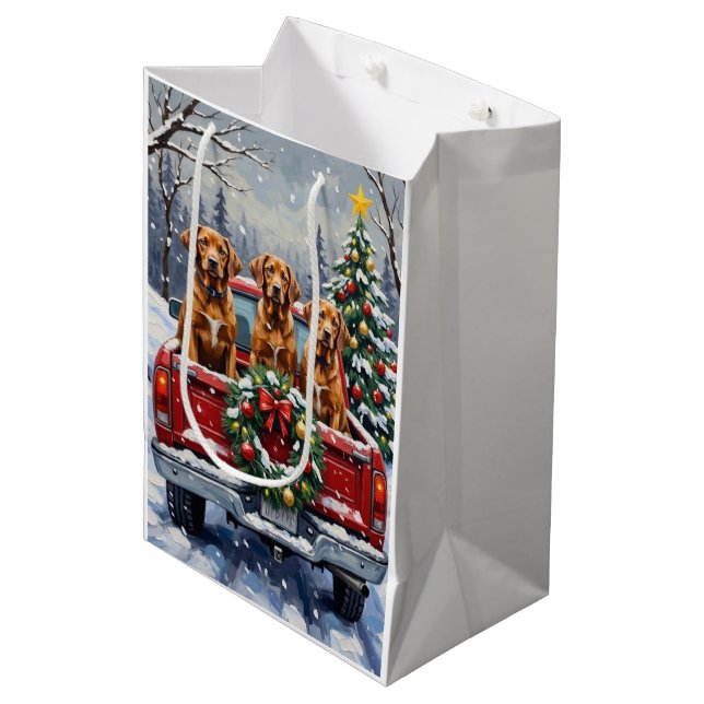 Vizsla Christmas Red Truck Holiday Medium Gift Bag (Front Angled)