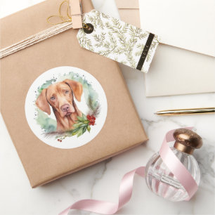 Vizsla Christmas Wreath Festive Pup Classic Round Sticker