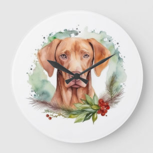 Vizsla Christmas Wreath Festive Pup Large Clock