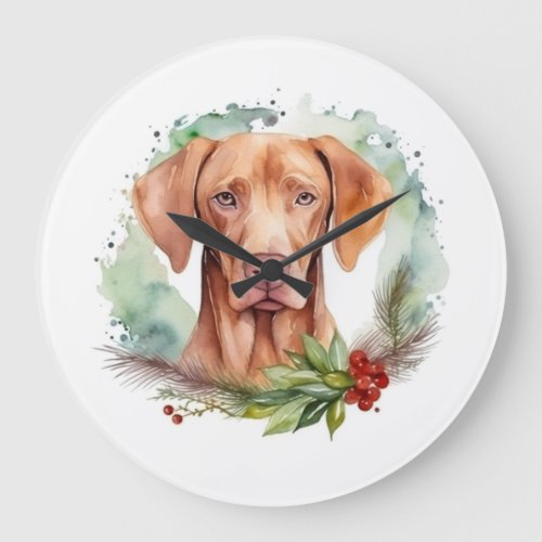 Vizsla Christmas Wreath Festive Pup  Large Clock