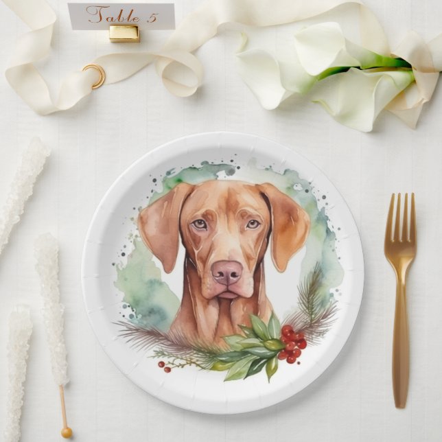 Vizsla Christmas Wreath Festive Pup  Paper Plates (Wedding)