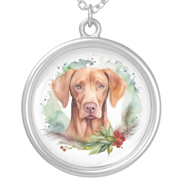 Vizsla Christmas Wreath Festive Pup  Silver Plated Necklace (Front)