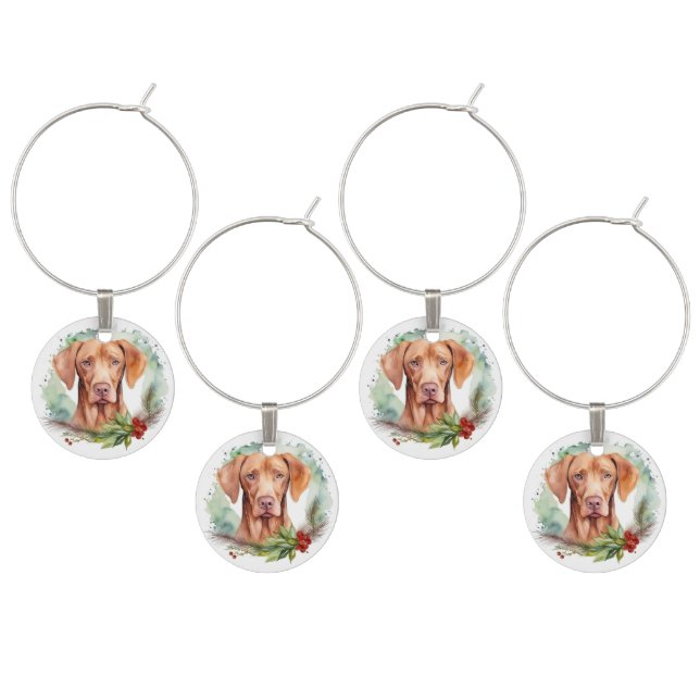 Vizsla Christmas Wreath Festive Pup  Wine Charm (Staggered)