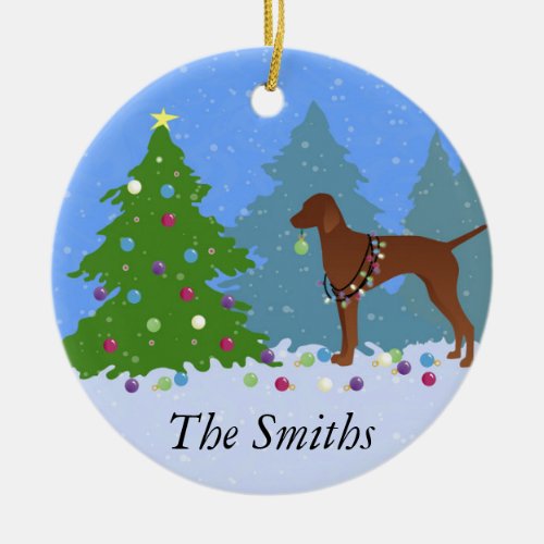 Vizsla Decorating a Christmas Tree in the Forest Ceramic Ornament